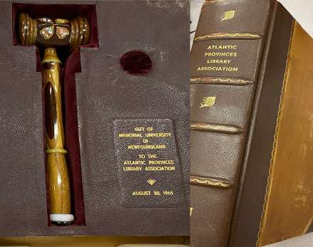 APLA Presidency gavel, with the label "gift from Memorial University of Newfoundland to APLA, August 30 1965"