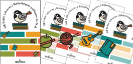 New New Brunswick Public Libraries logo featuring a black-capped chickadee on a pile of books